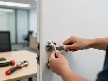 Locksmith unlocking commercial office door for emergency business lockout in Phoenix