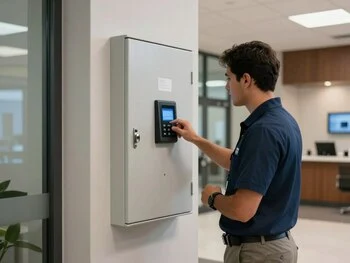 Commercial locksmith discussing business security upgrade options with store owner in Phoenix
