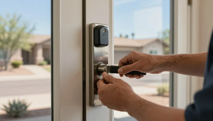 Professional locksmith rekeying locks at residential home in South Tempe Arizona